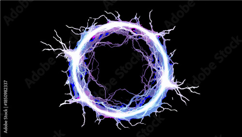 Futuristic electric lightning portal isolated on transparent background, purple and white neon plasma energy ring, dynamic power surge circle SVG