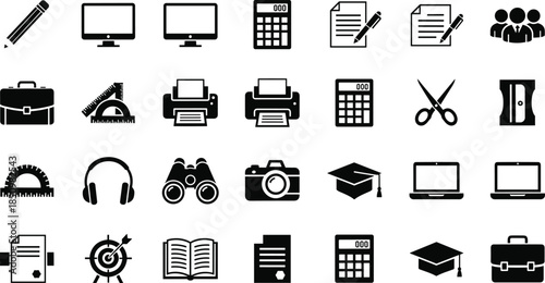 Office and education icon set, business stationery tools technology symbols vector collection black white flat design illustration