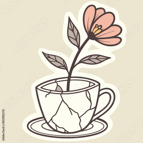 single stylized pink flower growing out of cracked teacup with saucer, simple illustration in pastel colors, isolated on light beige background, cute decorative element, concept of growth and renewal