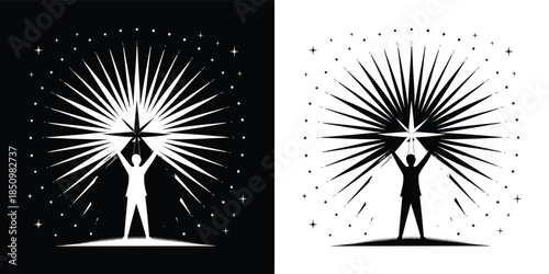 Silhouette of a person raising a cross towards the heavens, symbolizing faith, hope, and spiritual strength isolated on white background