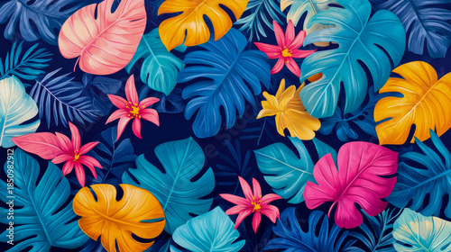 Vibrant tropical seamless pattern featuring brightly colored monstera leaves, palm fronds, and exotic flowers rendered in bold neon pink, turquoise, and golden yellow hues against dark indigo backgrou