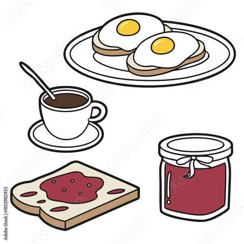 traditional breakfast set with fried eggs on toast, coffee cup with spoon and saucer, jar of jam, simple flat design, morning meal illustration, healthy food and drink elements for menu or recipe