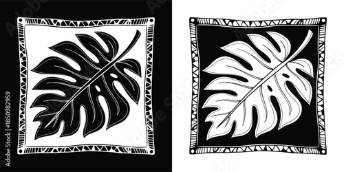 Monstera leaf in a decorative frame isolated on white background, showcasing its unique split leaves and tropical charm in a handdrawn style