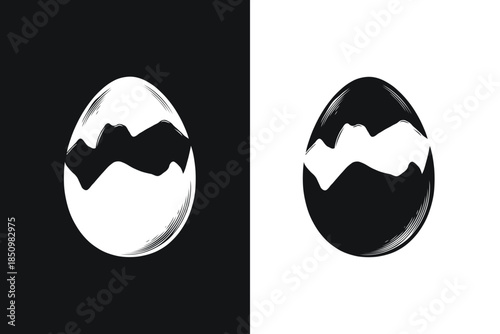 Two stylized egg shapes featuring mountain silhouettes in black and white, shown on contrasting backgrounds, symbolizing nature and duality