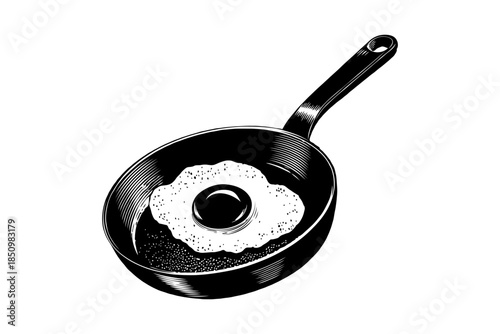 Fried egg cooking in a skillet, detailed engraving style, isolated on white background. Concept of breakfast or cooking simplicity
