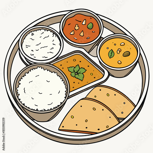 Traditional indian thali meal with various dishes including rice, curries, and flatbread, served on round metal platter, representing rich culinary heritage