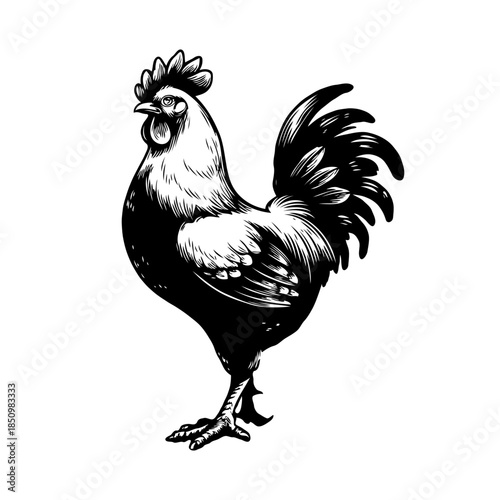 Hand-drawn black and white rooster sketch in detailed engraving style on a white background. Concept of farm animal, rural life or agriculture