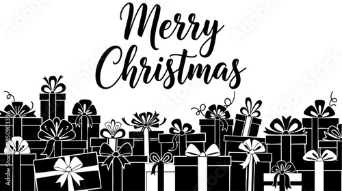 A black and white "merry christmas" greeting with a pile of gift boxes border isolated on transparent background, Vector