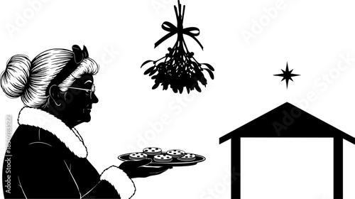A silhouette illustration of mrs. claus with cookies, mistletoe, and a nativity scene isolated on transparent background, Vector