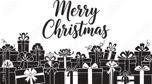 A black and white "merry christmas" greeting with a pile of gift boxes border isolated on transparent background, Vector