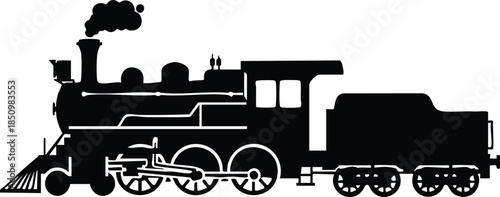 A black silhouette illustration of a vintage steam train with smoke from the chimney isolated on transparent background, Vector