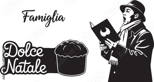 Italian christmas family celebration with panettone and caroler silhouette design isolated on transparent background, Vector