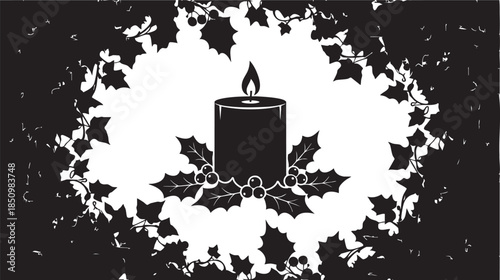 A festive silhouette of a christmas candle surrounded by holly leaves and berries on a white background isolated on transparent background, Vector