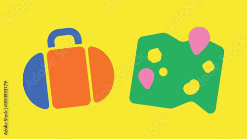 Colorful Travel Icons - Suitcase and Map with Pins.