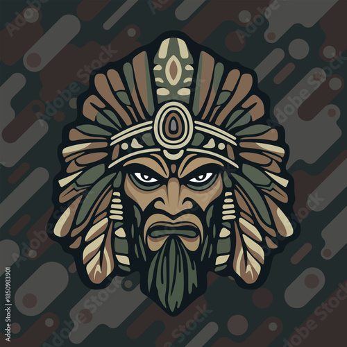 vector illustration of tribal warrior mask decorated with green leaves and ethnic ornamental elements on a dark stylize green camouflage background
