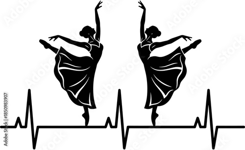 Black silhouette illustration of graceful ballerinas dancing on a heartbeat line symbol for dance lovers and classical ballet performing arts,