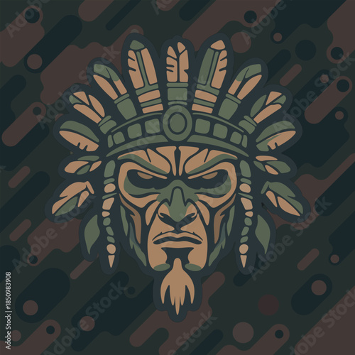 vector illustration of tribal warrior mask decorated with green leaves and ethnic ornamental elements on a dark stylize green camouflage background
