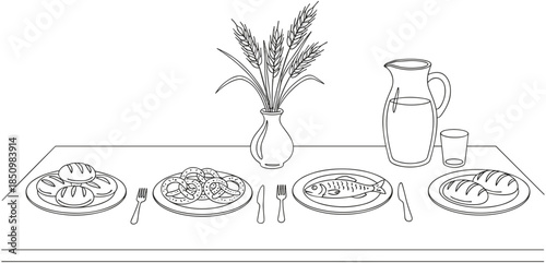 Minimalist line art illustration of a dinner table setting with plates of fish bread and pretzels wheat vase and pitcher,