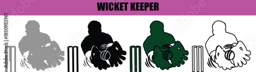 Minimalist cricket wicket keeper illustration, clean line art and dotted vector style, modern black outline silhouette isolated on white background for IPL, catching, and cricket action
