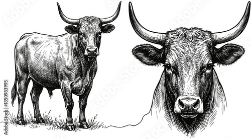 Hand drawn vintage ink illustration of a powerful bull with large horns, isolated black and white bull head and full body
