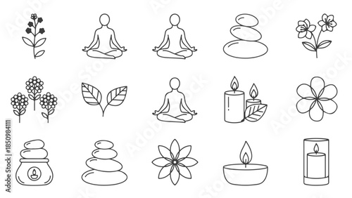 Fresh Hand-Drawn Line Art Icons for Wellness and Spa, Featuring Focused Meditation, Natural Elements, and Relaxation Symbols for Serene Lifestyle Design