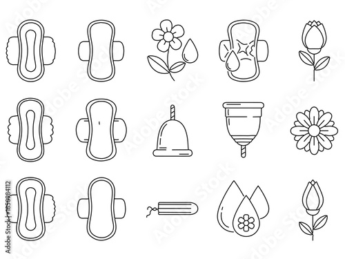 Vector line icons of feminine hygiene products sanitary pads, menstrual cups, tampons. Essential for women's health, period awareness, personal care designs