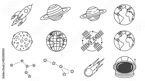 A comprehensive collection of outline vector icons depicting various elements of space exploration and celestial bodies, perfect for astronomy-themed projects