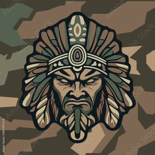 vector illustration of tribal warrior mask decorated with green leaves and ethnic ornamental elements on a dark stylize green camouflage background