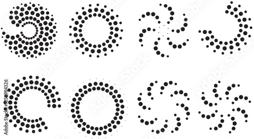 Abstract circular patterns and designs made of dots, representing dynamic movement and symmetry