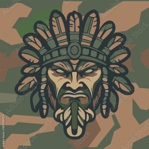 vector illustration of tribal warrior mask decorated with green leaves and ethnic ornamental elements on a dark stylize green camouflage background