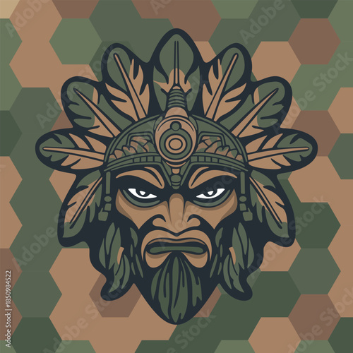 vector illustration of tribal warrior mask decorated with green leaves and ethnic ornamental elements on a dark stylize green camouflage background