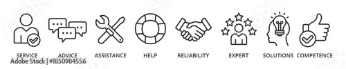 Support banner icon with service, advice, assistance, help, reliability, expert, solutions, competence