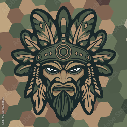 tribal mask warrior indian with stern face surrounded by stylized leaves and ornamental ethnic details on a dark stylized camouflage background