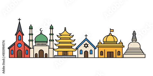 Religious buildings skyline showing world faith diversity