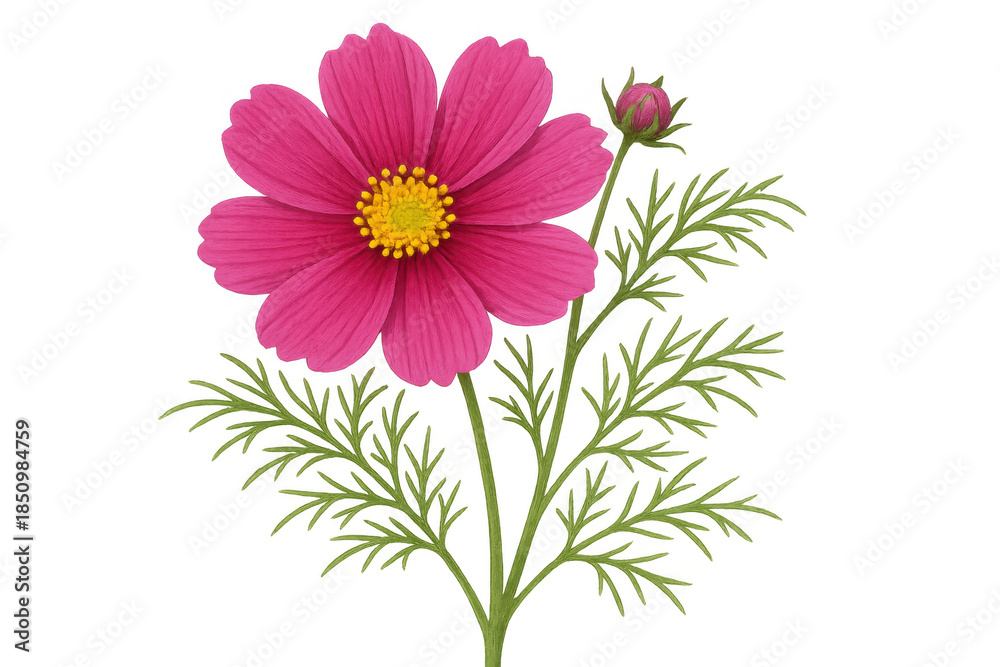 Obraz premium Pink cosmos flower blooming with a bud on transparent background, symbolizing nature, beauty, and growth