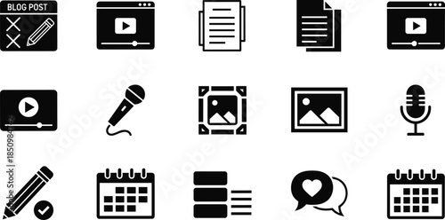 content creation icons set, blogging video audio symbols, digital media production tools, social engagement graphics, editorial planning elements, creative marketing assets