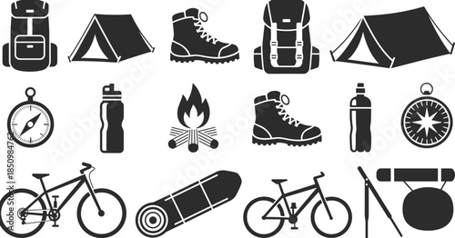 camping equipment icons, hiking gear symbols, outdoor adventure tools collection, travel essentials illustration set, backpacking elements, survival gear designs for nature explorers