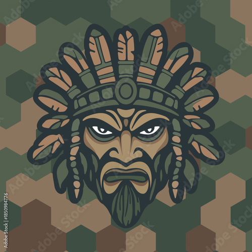 tribal mask warrior indian with stern face surrounded by stylized leaves and ornamental ethnic details on a dark stylize green camouflage background