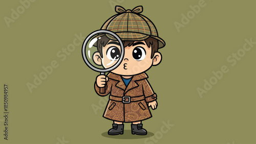 Cute cartoon boy detective with magnifying glass exploring.