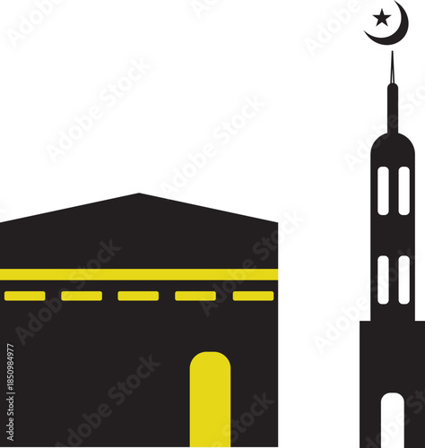Kaaba and minaret vector illustration representing islam and pilgrimage to mecca in saudi arabia