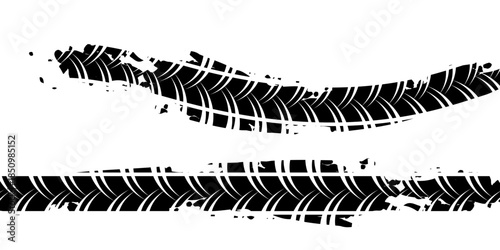 Black tire tracks. Car, bike, motorcycle tyre marks with grunge effect set isolated on white background. Collection of different wheels footprints on the road.