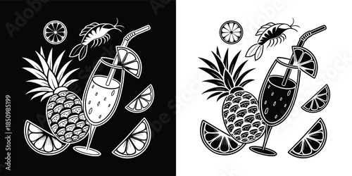 Vibrant monochrome illustration of tropical cocktail with pineapple and shrimp, evoking a refreshing summer vibe, isolated on white background