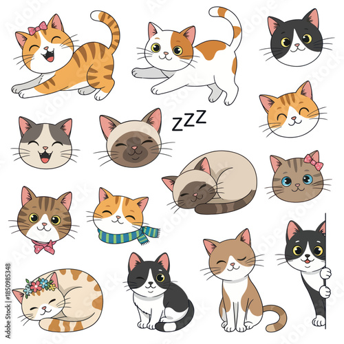 Collection of Adorable Cartoon Cats in Various Poses and Expressions.