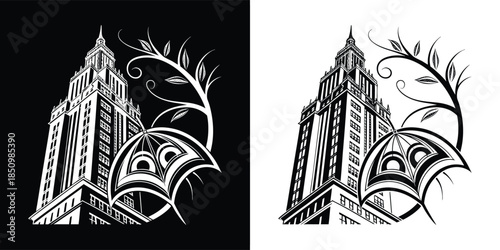 Monochrome illustration of a building, presented against both black and white backgrounds for versatile design applications