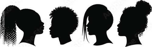 Black silhouette African American woman face profile set natural hair afro curly braid vector illustration beauty logo design graphic element
