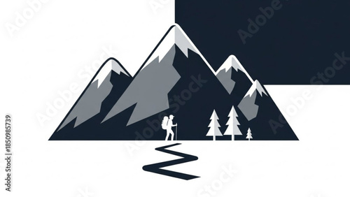 Hiker Walking Through Mountains with Trees Vector Illustration