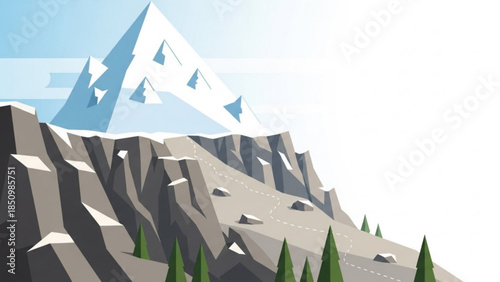 Snowy Mountain Landscape with Trees and Rocks in Vector Illustration Style