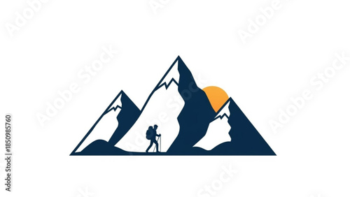 Hiker Trekking Through Mountains at Sunset, Silhouette on White Background