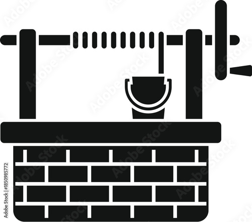 Simple black and white vector icon of a wishing well with a crank and bucket hanging on a rope
