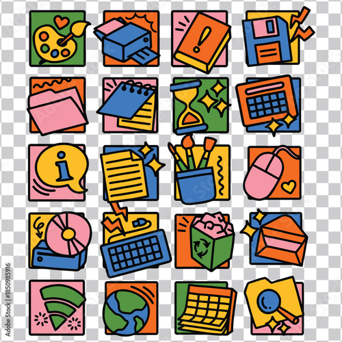 Set of colorful hand-drawn icons representing various digital and creative tools for work and leisure activities